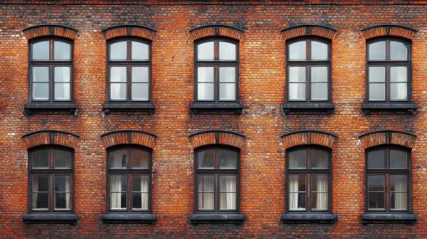 Foto på en teglat gammalt lägenhetshus med fönster i gammal stil som behöver renoveras.